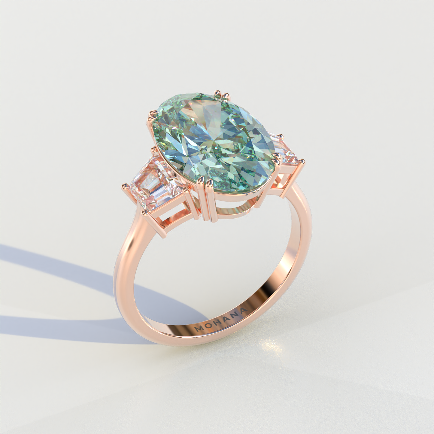 Three Stone 4 carat Green Oval Cut Lab Diamond Engagement Ring - Lucy