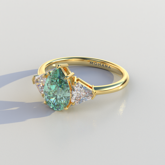 2 Carat Green Pear Cut Three Stone Lab Diamond Engagement Ring - Elegant