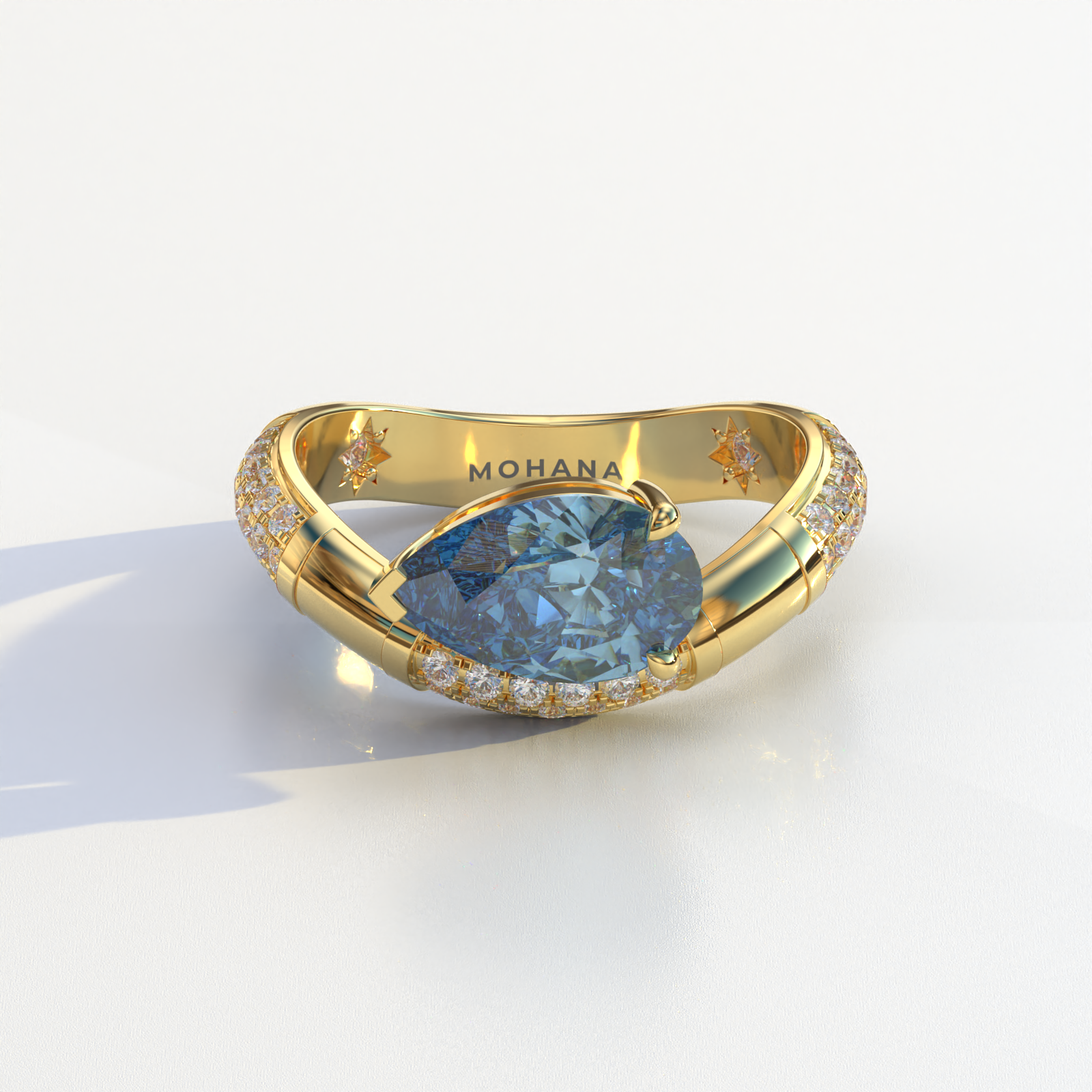 2 Carat East-West Fancy Vivid Blue Pear Cut Lab Diamond Engagement Ring - J’Lure - 10K Solid Gold / Yellow Gold