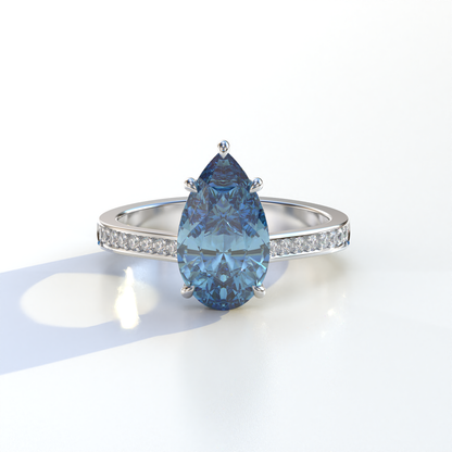 4 Carat Blue Pear Cut Hidden Halo & Pave Set Lab Diamond Engagement Ring - Galleria