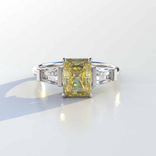 3 Carat Yellow Radiant & Tapered Baguette Three Stone Lab Diamond Engagement Ring - Adorned