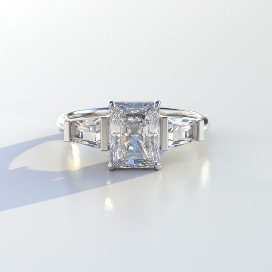 3 Carat Radiant & Tapered Baguette Three Stone Lab Diamond Engagement Ring - Adorned