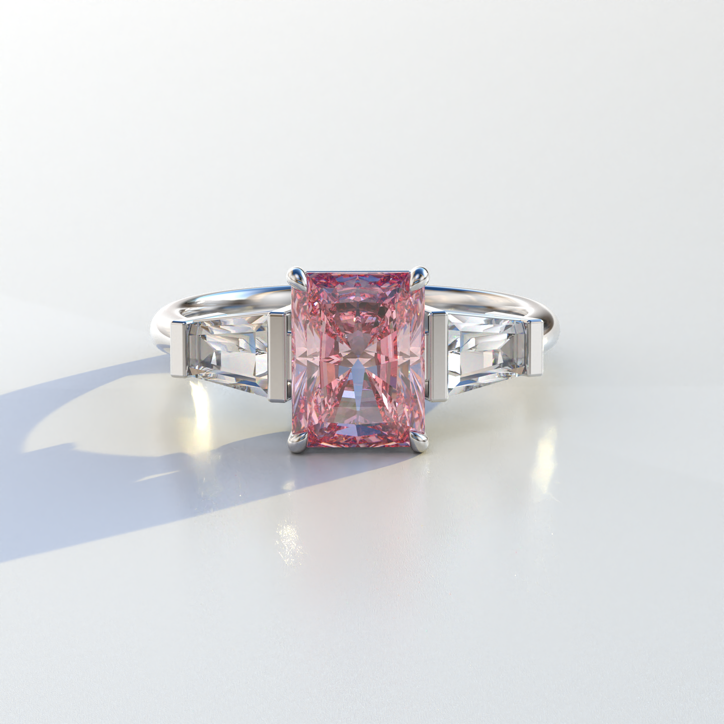 3 Carat Pink Radiant & Tapered Baguette Three Stone Lab Diamond Engagement Ring - Adorned