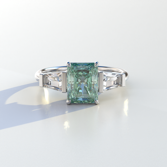 3 Carat Green Radiant & Tapered Baguette Three Stone Lab Diamond Engagement Ring - Adorned