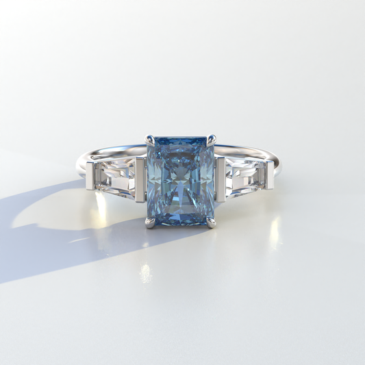 3 Carat Blue Radiant & Tapered Baguette Three Stone Lab Diamond Engagement Ring - Adorned