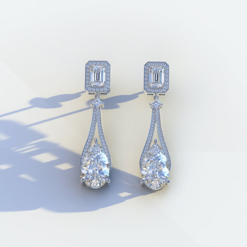Canary - VVS Pear & Emerald Diamond Drop Earrings | Fancy Halo Setting | Certified - 1 Carat Tw. Lab Diamond / 10K