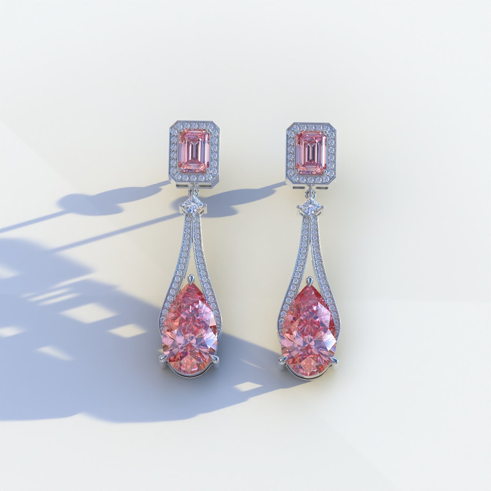 Canary - Pink Color Pear & Emerald Diamond Drop Earrings | Fancy Halo Setting | Certified - 1 Carat Tw. Lab Diamond