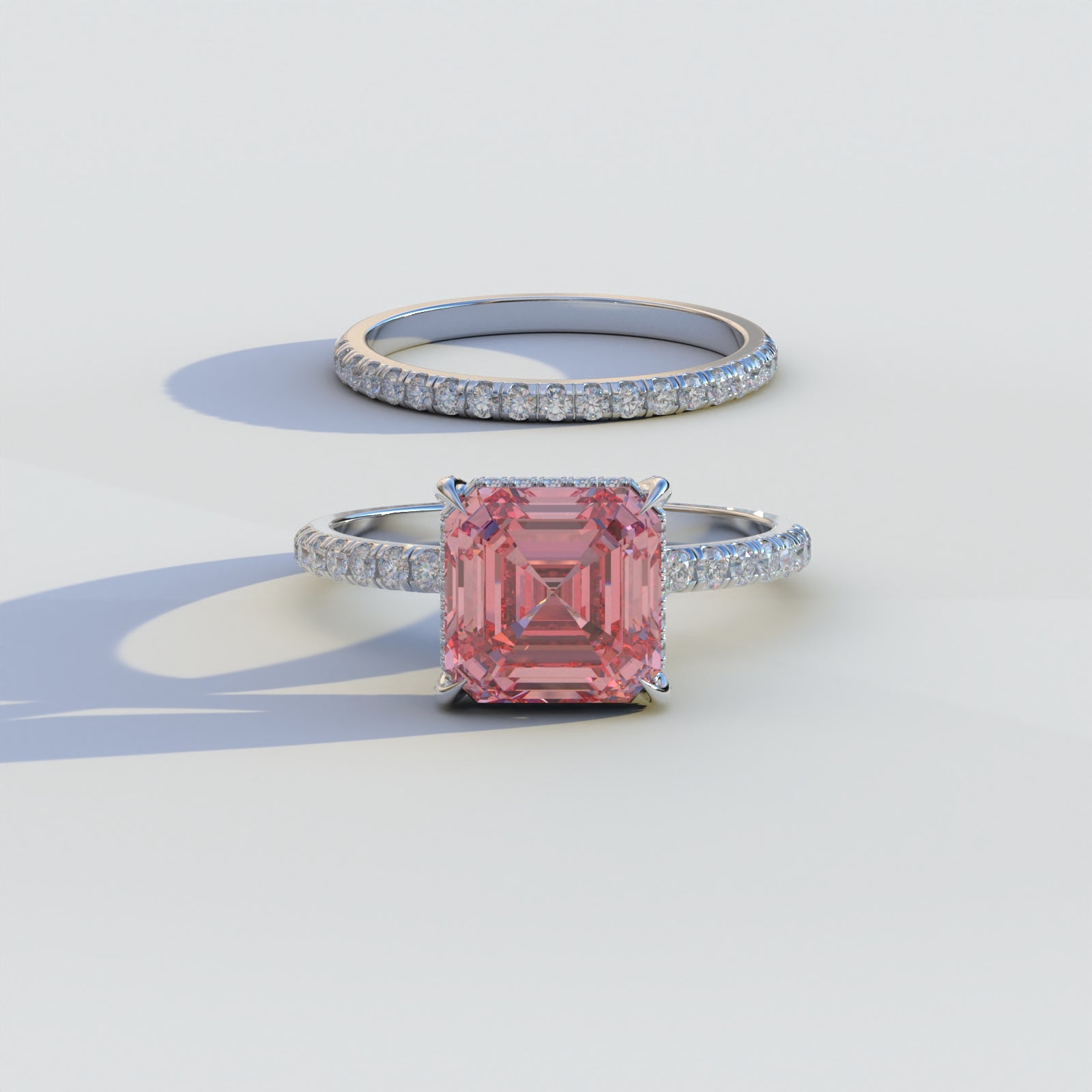 3 Carat Pink Asscher Cut Hidden Halo & Pave Lab Grown Diamond Ring Set	