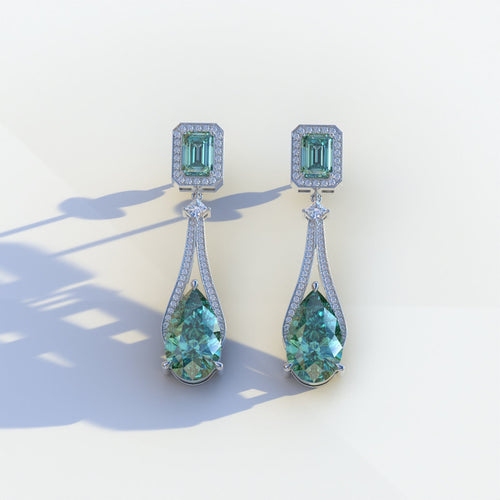 Canary - Green Color Pear & Emerald Diamond Drop Earrings | Fancy Halo Setting | Certified - 1 Carat Tw. Lab Diamond