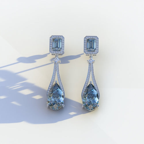 Canary - Blue Color Pear & Emerald Diamond Drop Earrings | Fancy Halo Setting | Certified - 1 Carat Tw. Lab Diamond