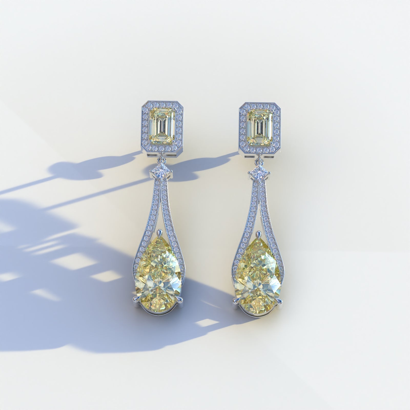 Canary - Yellow Color Pear & Emerald Diamond Drop Earrings | Fancy Halo Setting | Certified - 1 Carat Tw. Lab Diamond