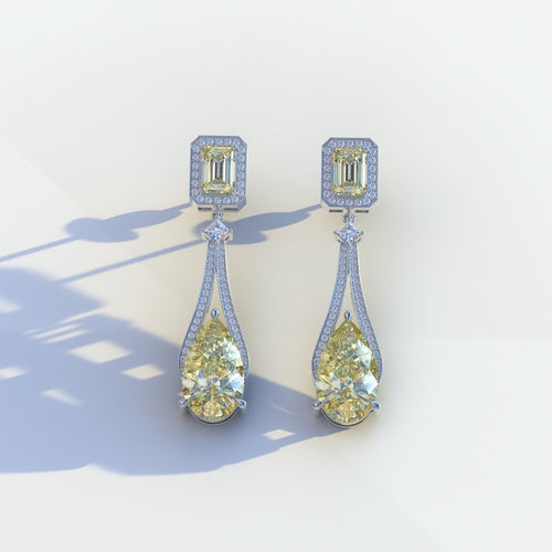 Canary - Yellow Color Pear & Emerald Diamond Drop Earrings | Fancy Halo Setting | Certified - 1 Carat Tw. Lab Diamond