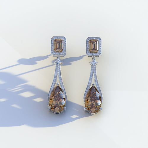 Canary - Fancy Brown Pear & Emerald Diamond Drop Earrings | Fancy Halo Setting | Certified - 1 Carat Tw. Lab Diamond
