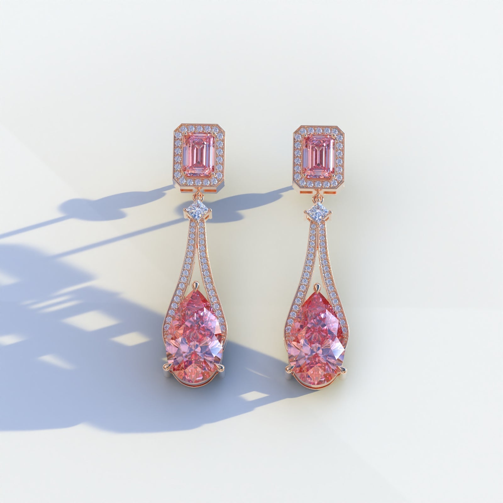 Canary - Pink Color Pear & Emerald Diamond Drop Earrings | Fancy Halo Setting | Certified - 1 Carat Tw. Lab Diamond