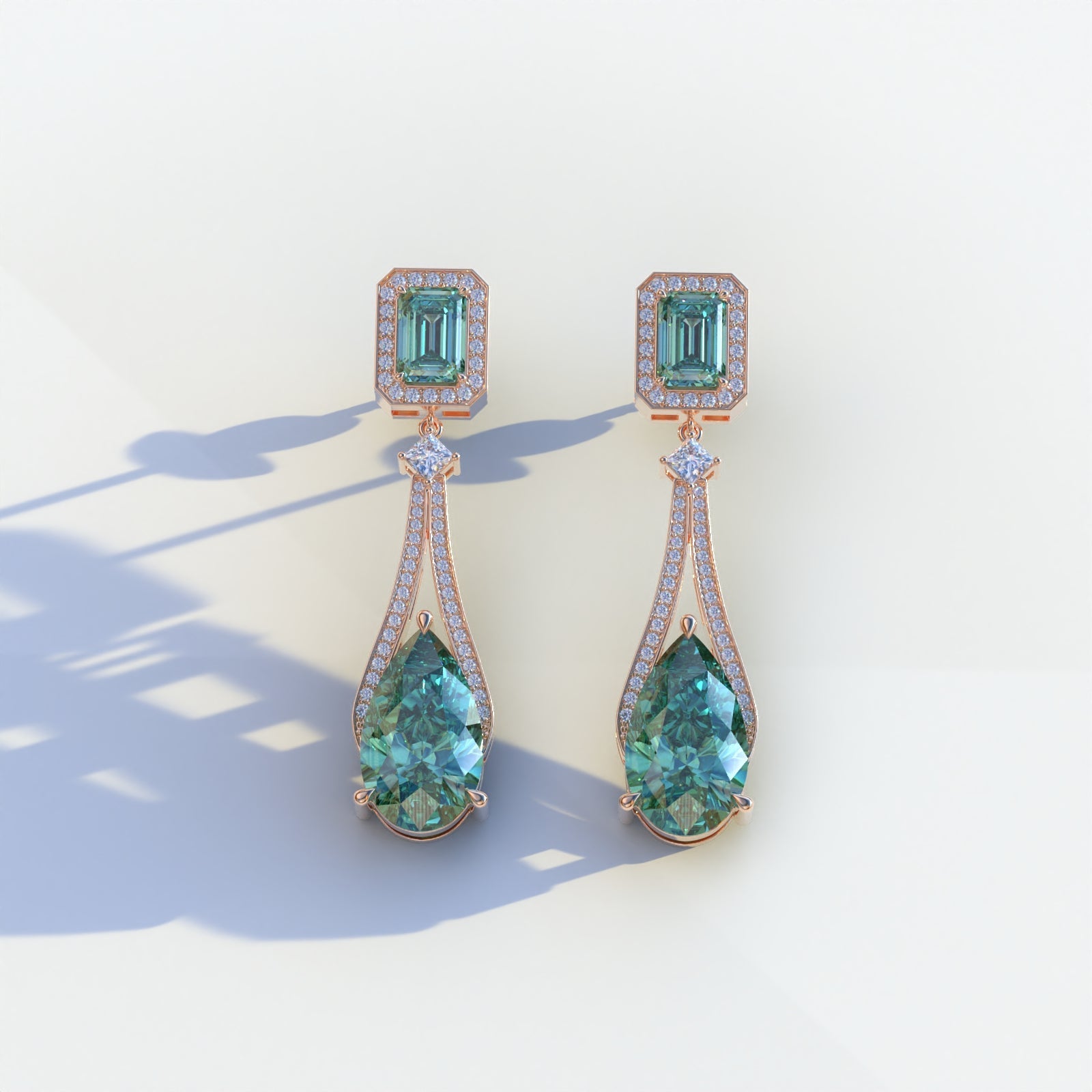 Canary - Green Color Pear & Emerald Diamond Drop Earrings | Fancy Halo Setting | Certified - 1 Carat Tw. Lab Diamond