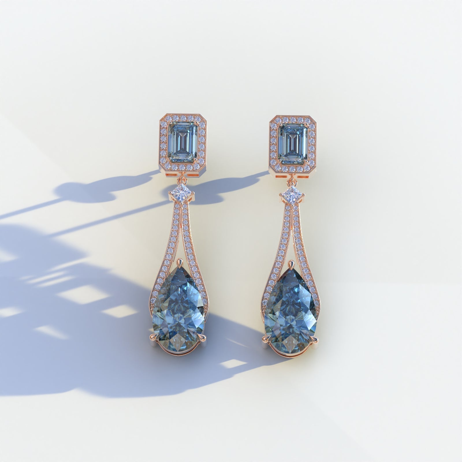 Canary - Blue Color Pear & Emerald Diamond Drop Earrings | Fancy Halo Setting | Certified - 1 Carat Tw. Lab Diamond