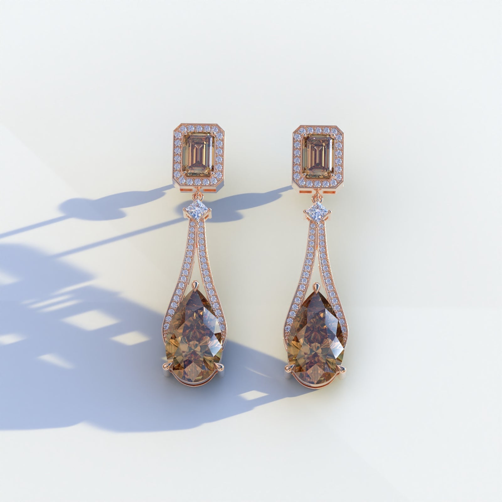Canary - Fancy Brown Pear & Emerald Diamond Drop Earrings | Fancy Halo Setting | Certified - 1 Carat Tw. Lab Diamond