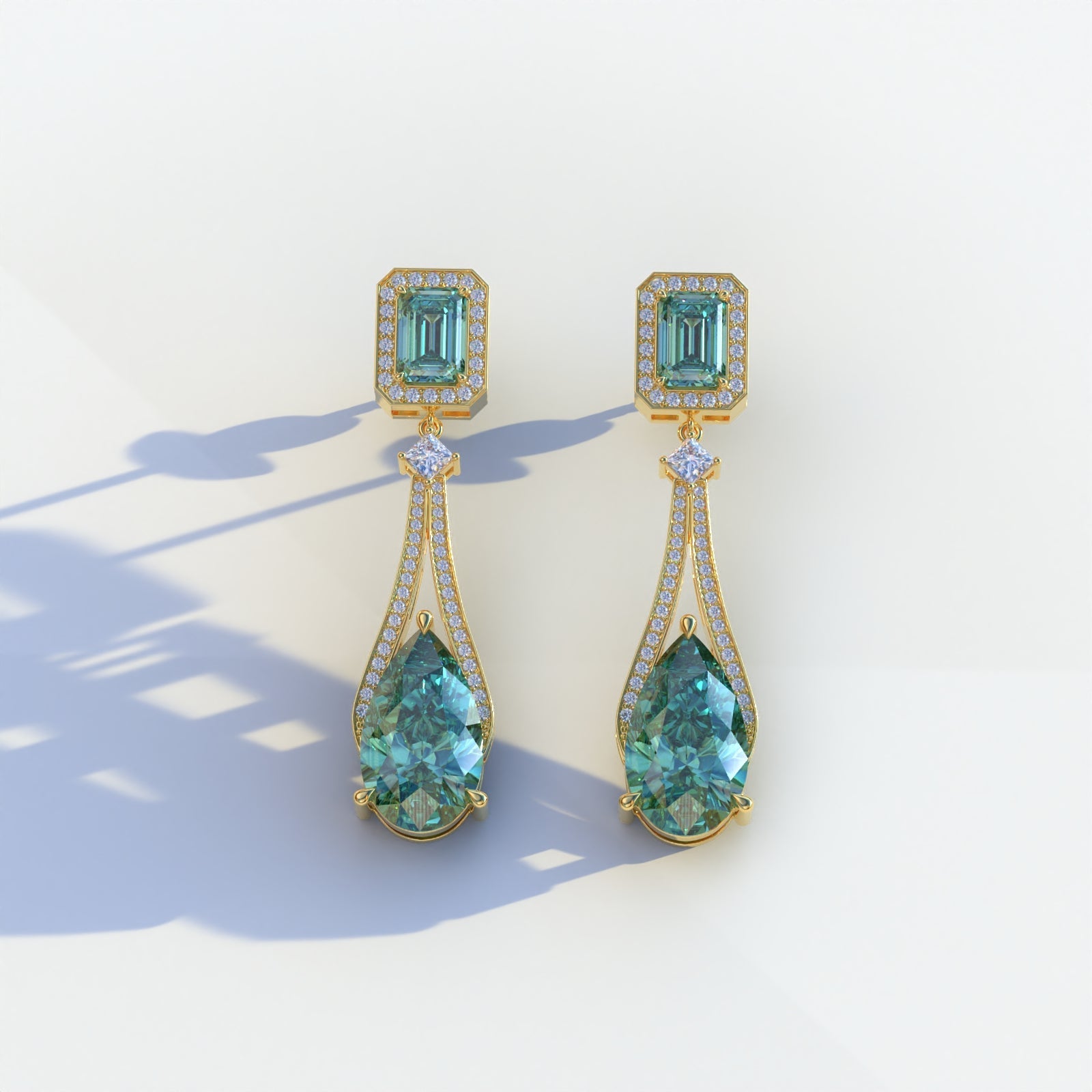 Canary - Green Color Pear & Emerald Diamond Drop Earrings | Fancy Halo Setting | Certified - 1 Carat Tw. Lab Diamond