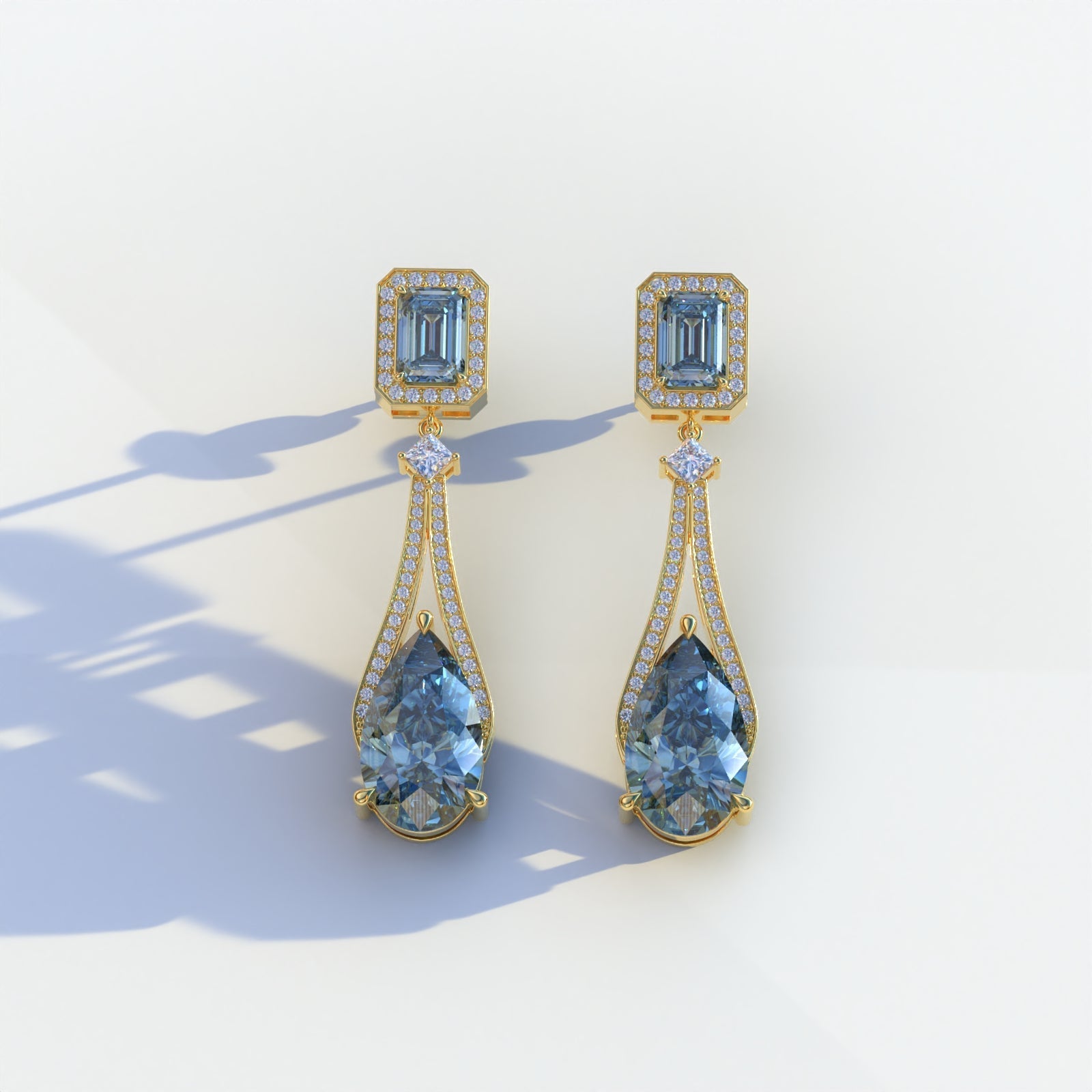 Canary - Blue Color Pear & Emerald Diamond Drop Earrings | Fancy Halo Setting | Certified - 1 Carat Tw. Lab Diamond