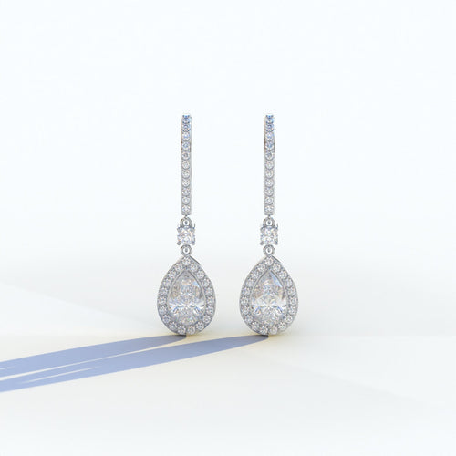 Cleopatra - Pear Cut Diamond Stud Earrings | Halo & Pave Setting | Certified - 10K Solid Gold / White Gold