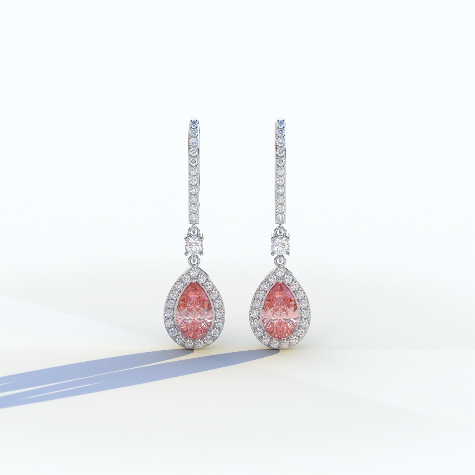 Cleopatra - Pear Cut Pink Color Diamond Stud Earrings | Halo & Pave Setting | Certified - 1 Carat Tw. Lab Diamond / 10K