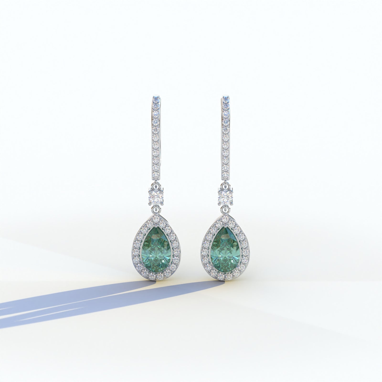 Cleopatra - Pear Cut Green Color Diamond Stud Earrings | Halo & Pave Setting | Certified - 1 Carat Tw. Lab Diamond