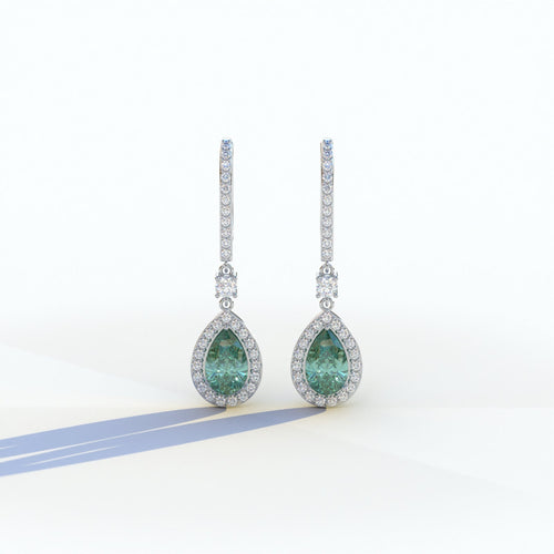 Cleopatra - Pear Cut Green Color Diamond Stud Earrings | Halo & Pave Setting | Certified - 1 Carat Tw. Lab Diamond
