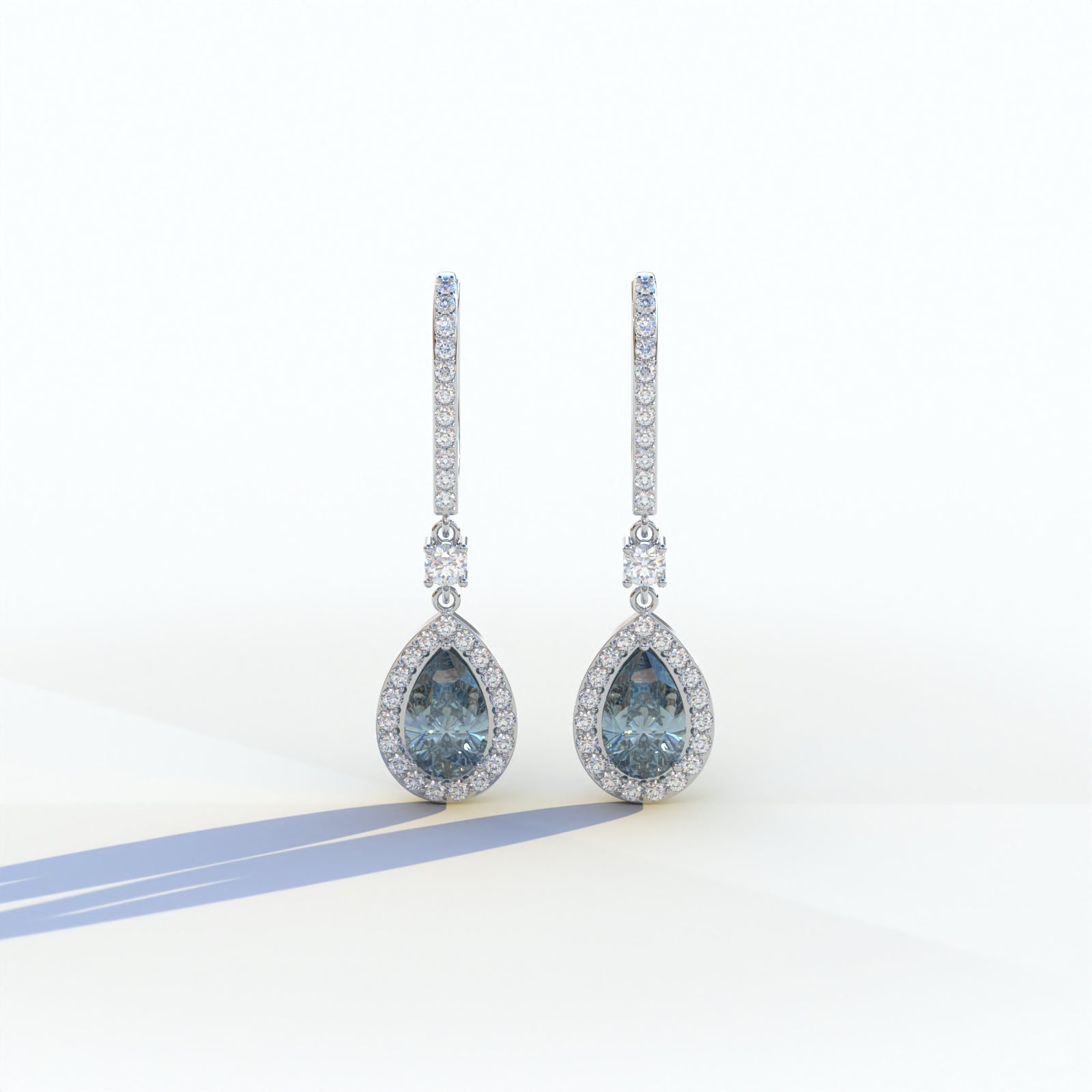 Cleopatra - Pear Cut Blue Color Diamond Stud Earrings | Halo & Pave Setting | Certified - 1 Carat Tw. Lab Diamond / 10K