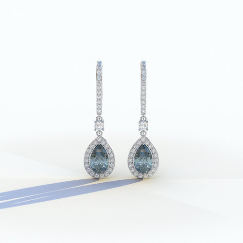 Cleopatra - Pear Cut Blue Color Diamond Stud Earrings | Halo & Pave Setting | Certified - 1 Carat Tw. Lab Diamond / 10K