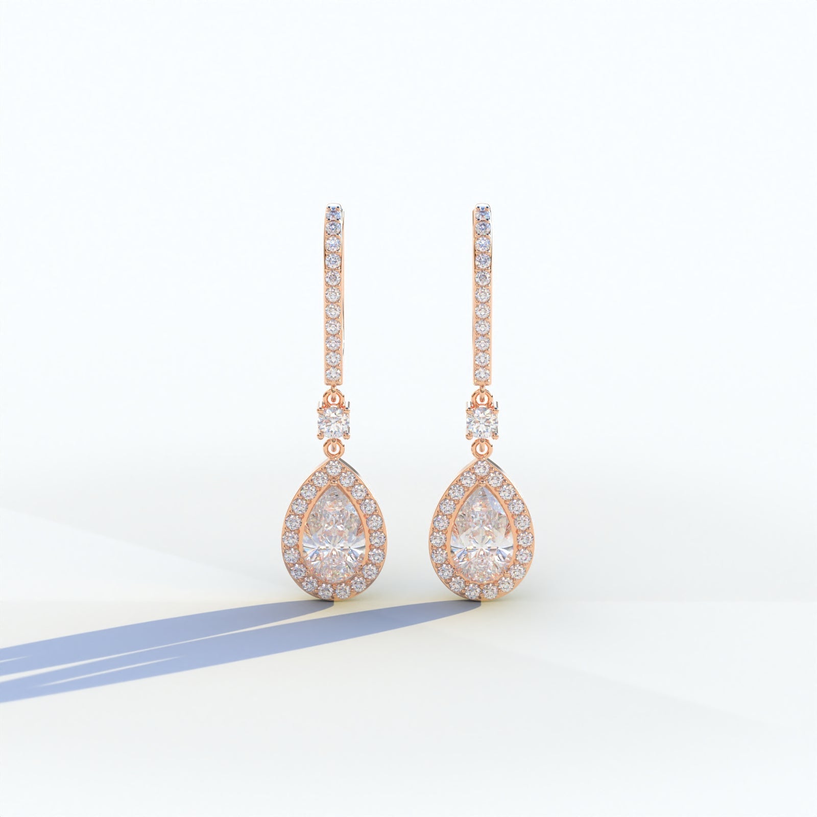 Cleopatra - Pear Cut Diamond Stud Earrings | Halo & Pave Setting | Certified - 10K Solid Gold / Rose Gold