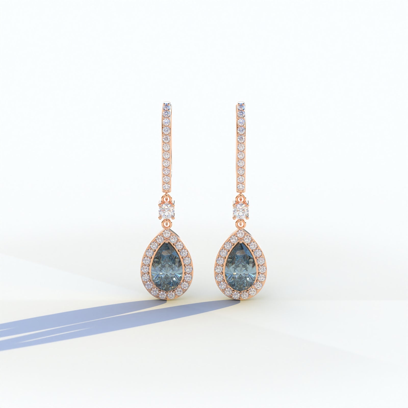 Cleopatra - Pear Cut Blue Color Diamond Stud Earrings | Halo & Pave Setting | Certified - 1 Carat Tw. Lab Diamond / 10K
