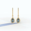 Cleopatra - Pear Cut Blue Color Diamond Stud Earrings | Halo & Pave Setting | Certified - 1 Carat Tw. Lab Diamond / 10K