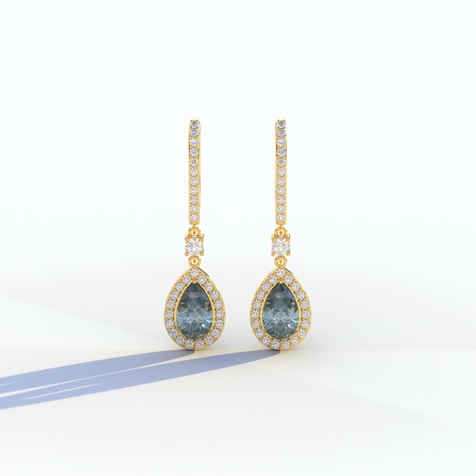 Cleopatra - Pear Cut Blue Color Diamond Stud Earrings | Halo & Pave Setting | Certified - 1 Carat Tw. Lab Diamond / 10K