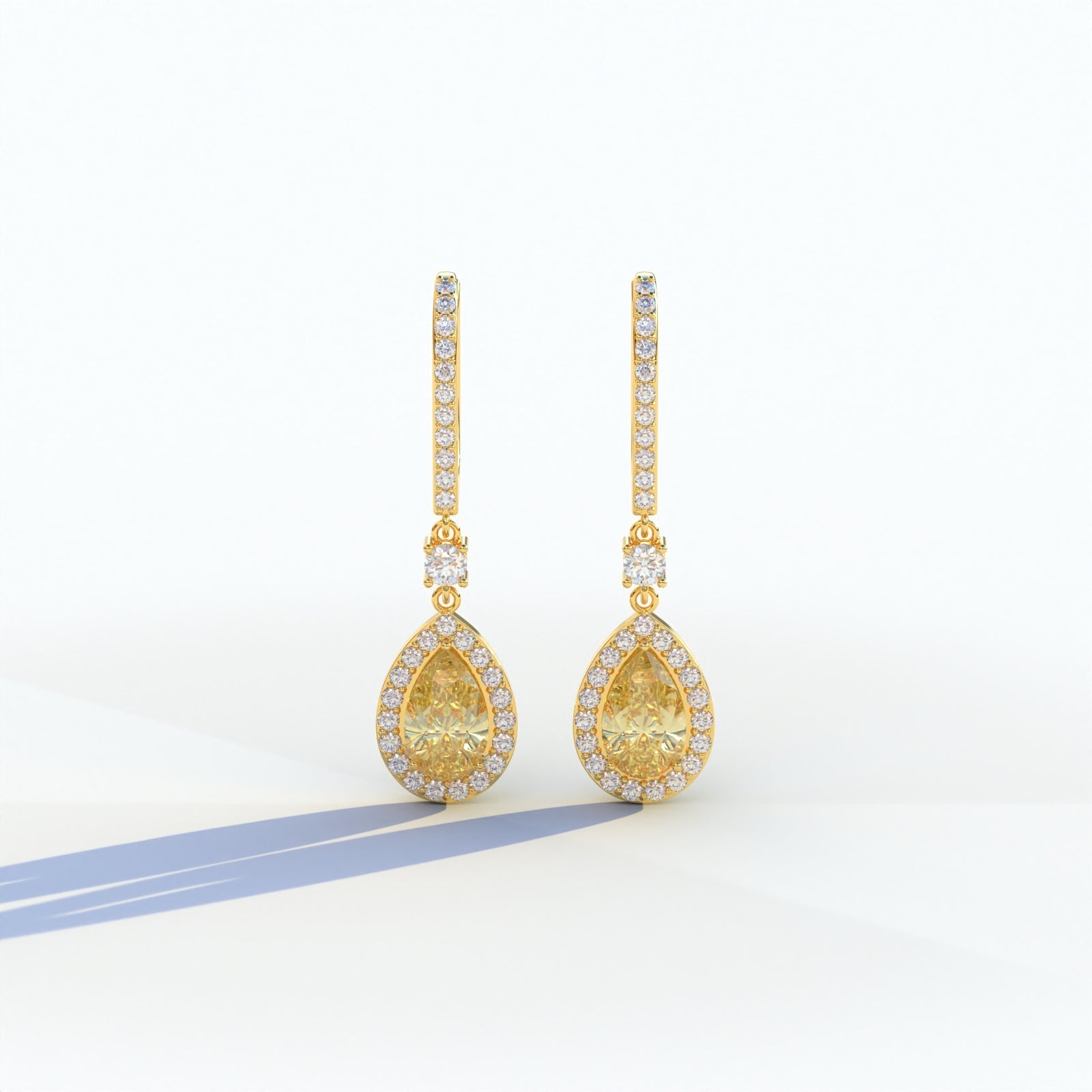 Cleopatra - Pear Cut Yellow Color Diamond Stud Earrings | Halo & Pave Setting | Certified - 1 Carat Tw. Lab Diamond