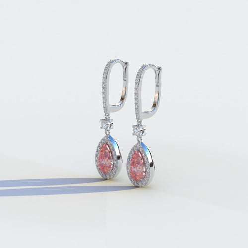 Cleopatra - Pear Cut Pink Color Diamond Stud Earrings | Halo & Pave Setting | Certified