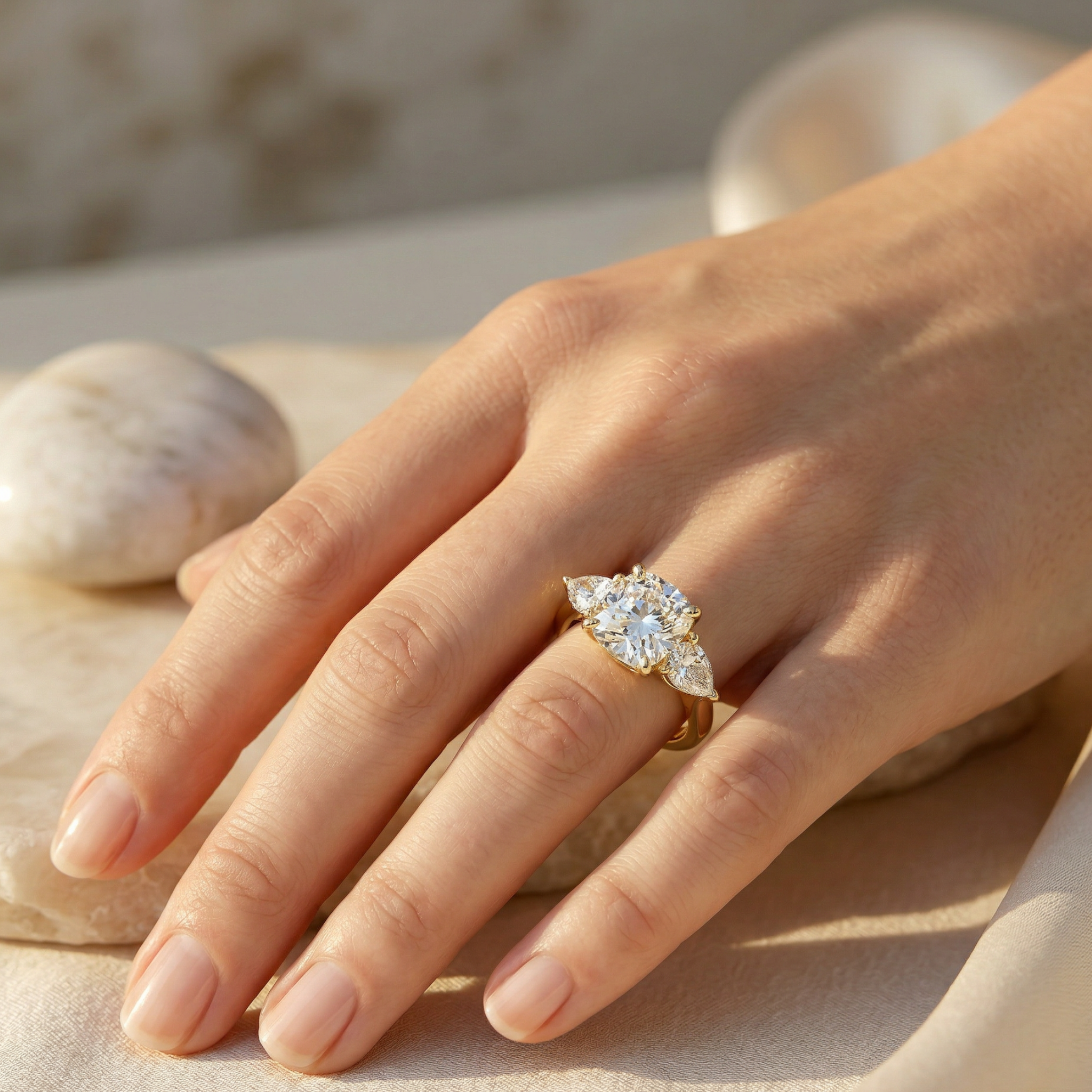 4 Carat E VVS Cushion & Pear Cut Three Stone Lab Grown Diamond Engagement Ring