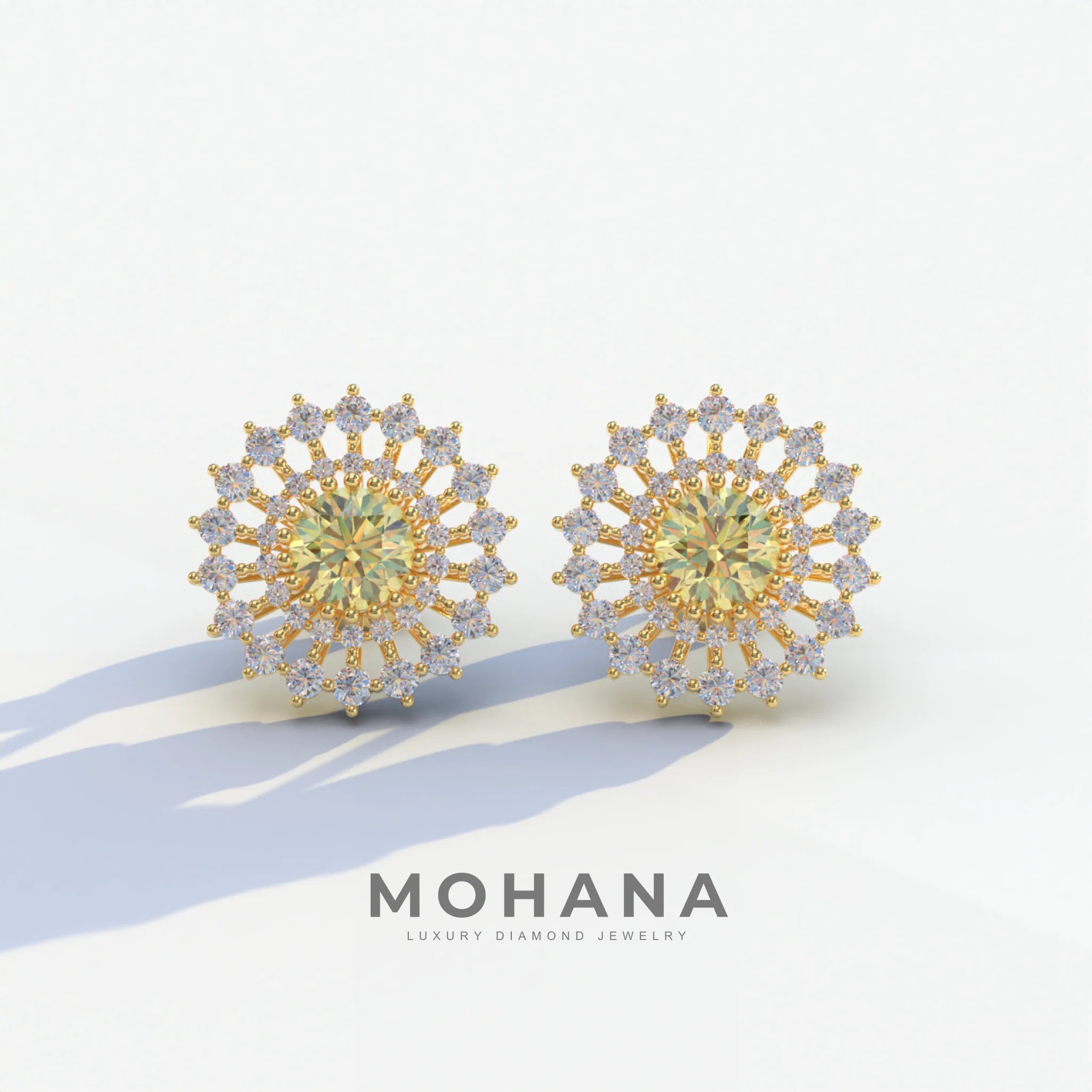 Aster - Yellow Color Round Diamond Stud Earrings - 10K Solid Gold / Yellow Gold