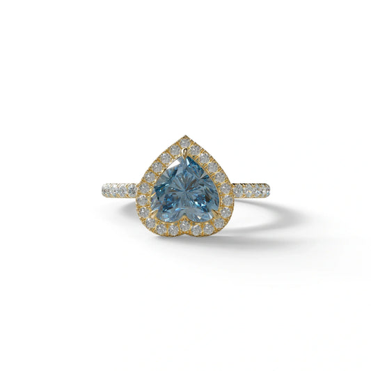 Blue Heart Cut Halo & Pavé Lab Grown Diamond Engagement Ring - Gelia - 2 Carat / 10K Solid Gold / Yellow Gold