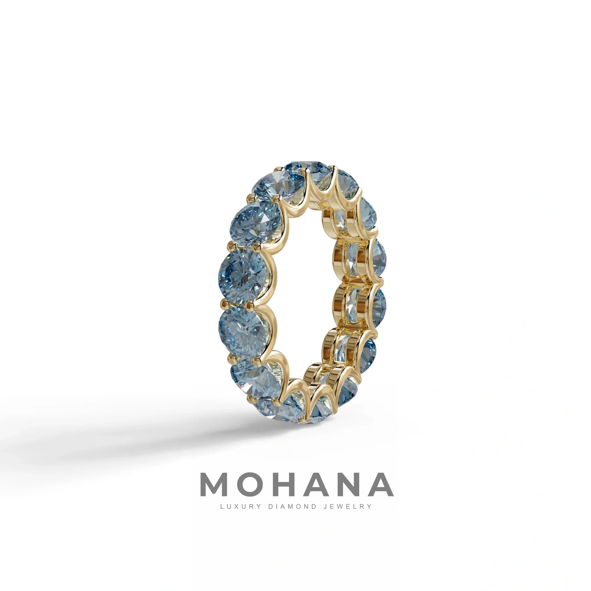 Blue Round Brilliant Diamond Full Eternity Band in 18k Yellow Gold – Scalloped U-Prong Setting