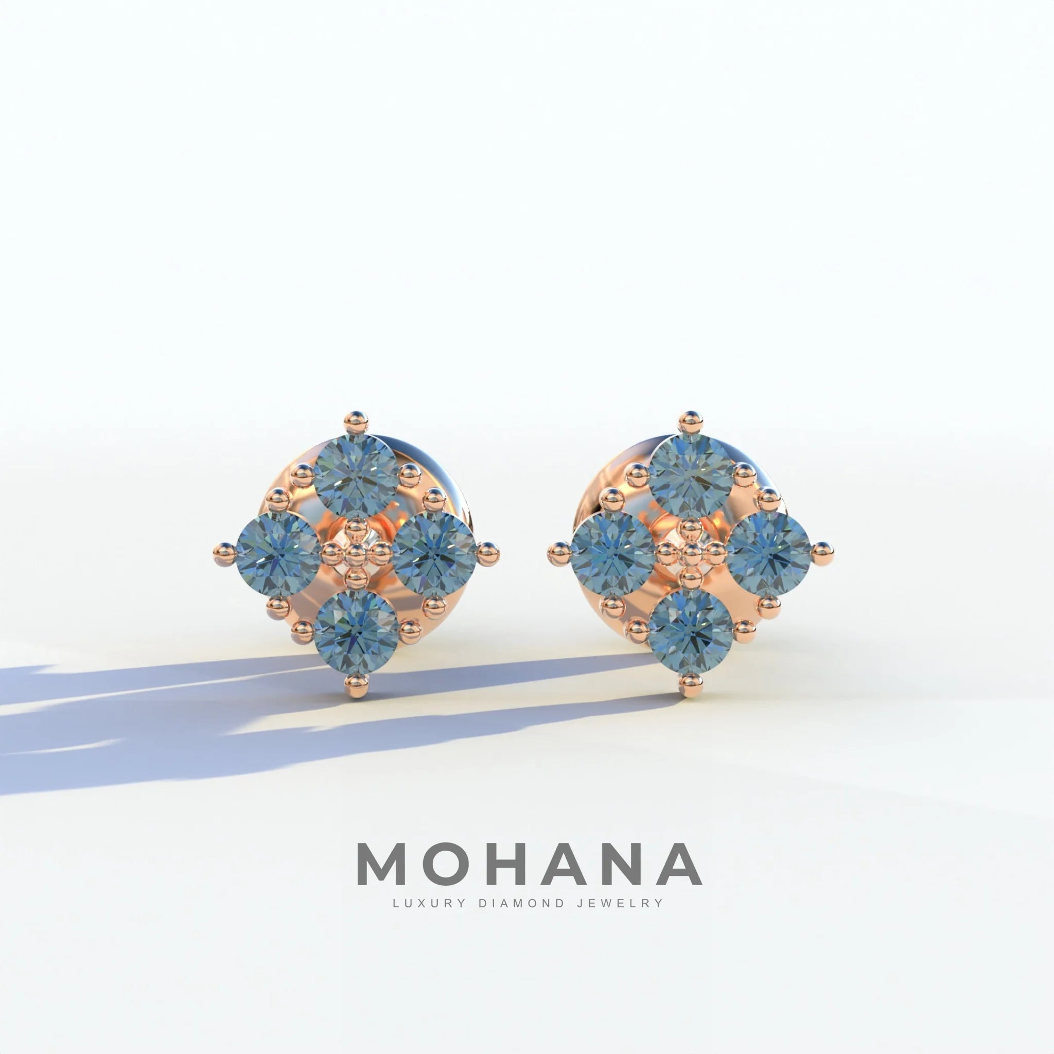 Blue Round Cut Lab Diamond Stud Earrings | Cluster Setting - Rae Brilliance - 10K Solid Gold / Rose Gold