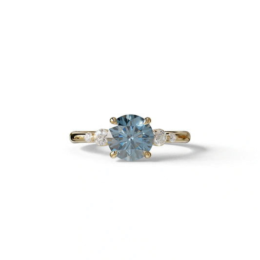 Blue Round Three Stone Lab Grown Diamond Engagement Ring - Romance - 2 Carat / 10K Solid Gold / Yellow Gold
