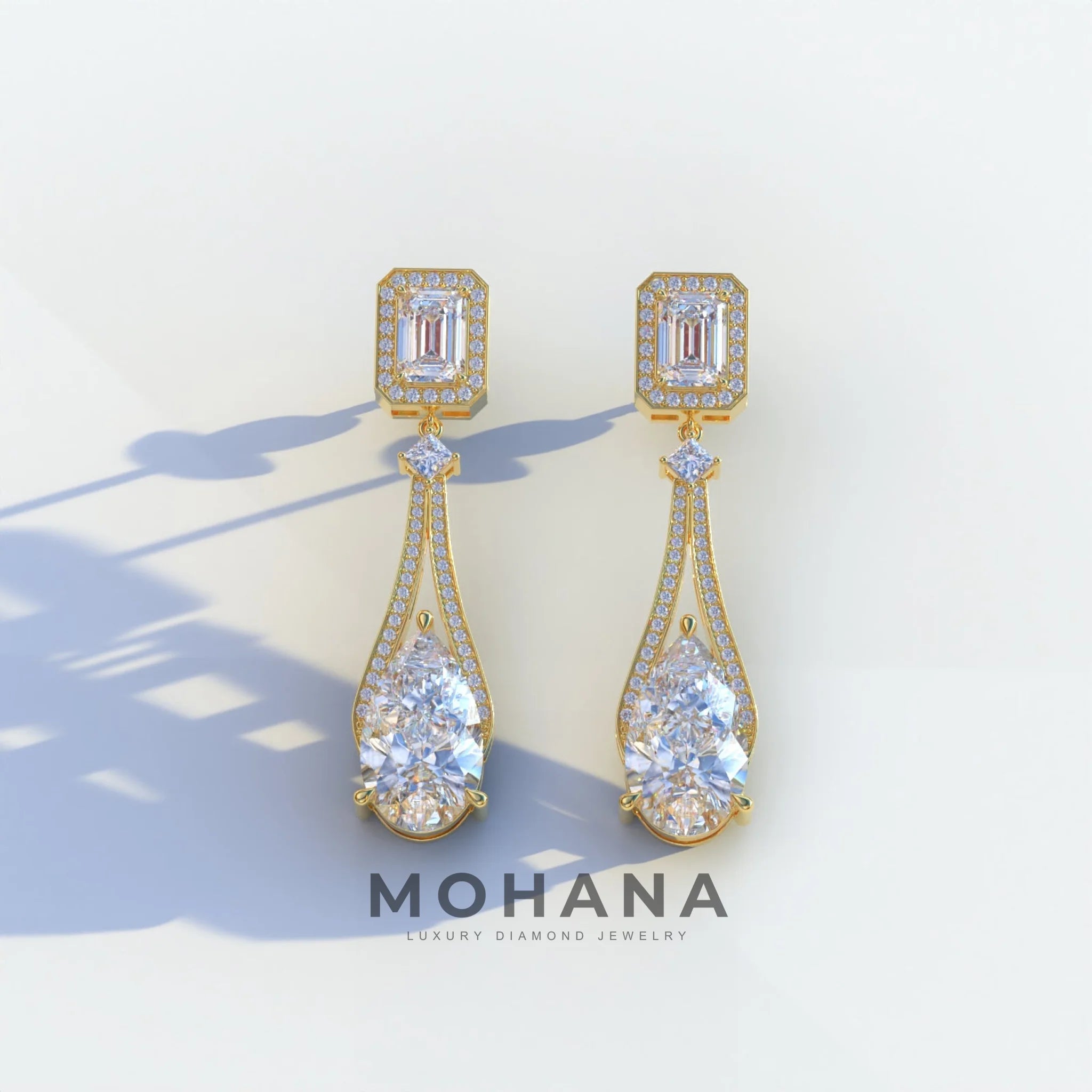 Canary - VVS Pear & Emerald Diamond Drop Earrings | Fancy Halo Setting | Certified - 1 Carat Tw. Lab Diamond / 10K