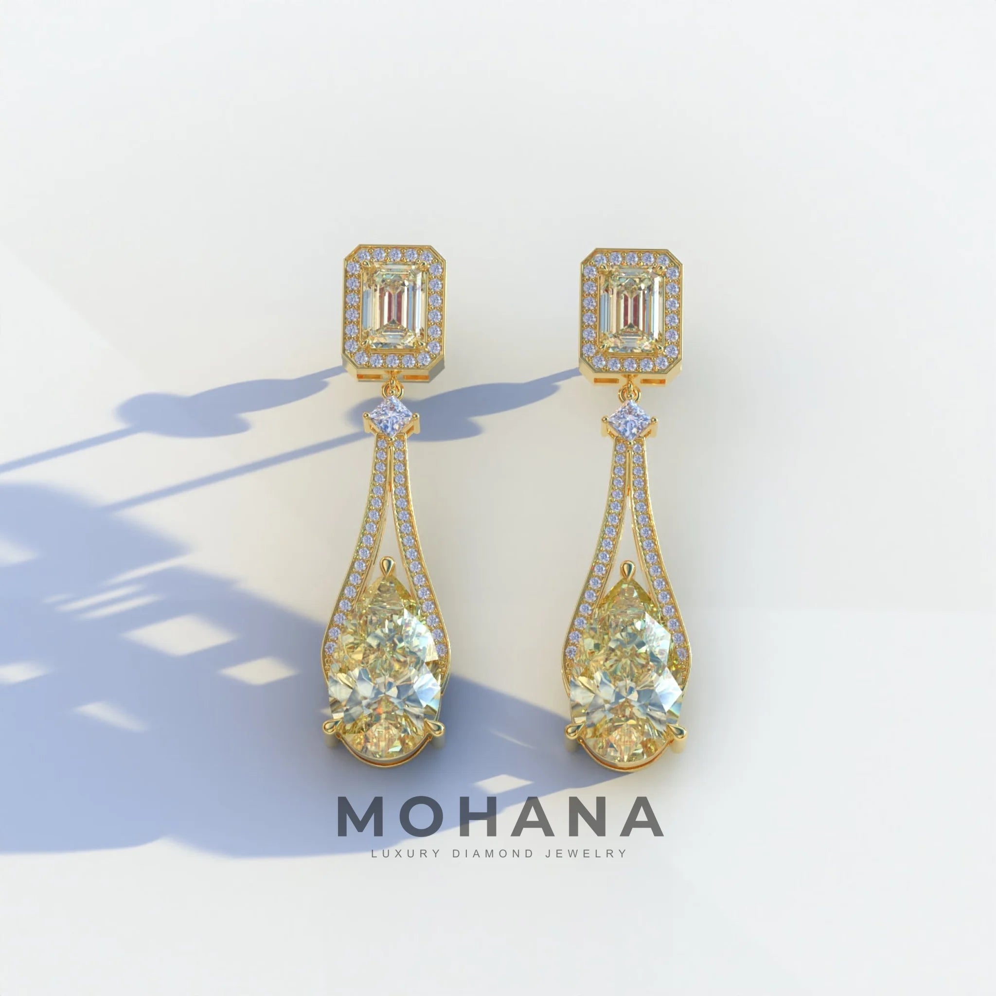 Canary - Yellow Color Pear & Emerald Diamond Drop Earrings | Fancy Halo Setting | Certified - 1 Carat Tw. Lab Diamond