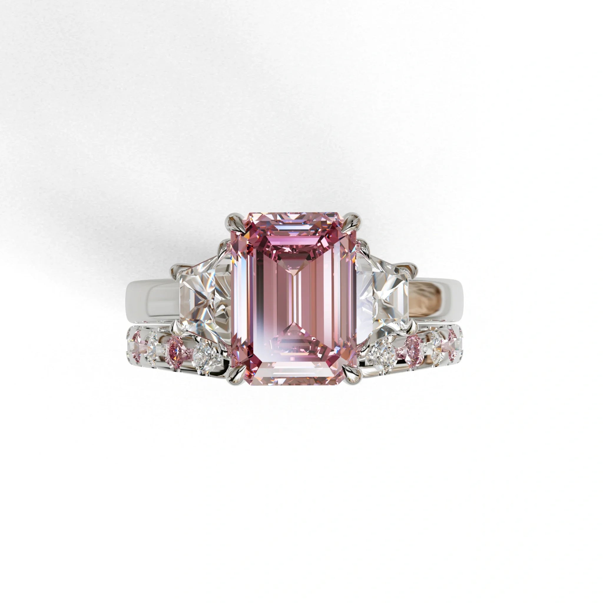 Colorless Pink Round Diamond Half Eternity Pave Band - Custom Order Flint - 14K Solid Gold / White Gold - Wedding Band