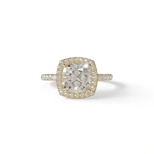 E-VVS Cushion Cut Halo & Pave Lab Grown Diamond Engagement Ring - Rosa - 2 Carat / 10K Solid Gold / Yellow Gold