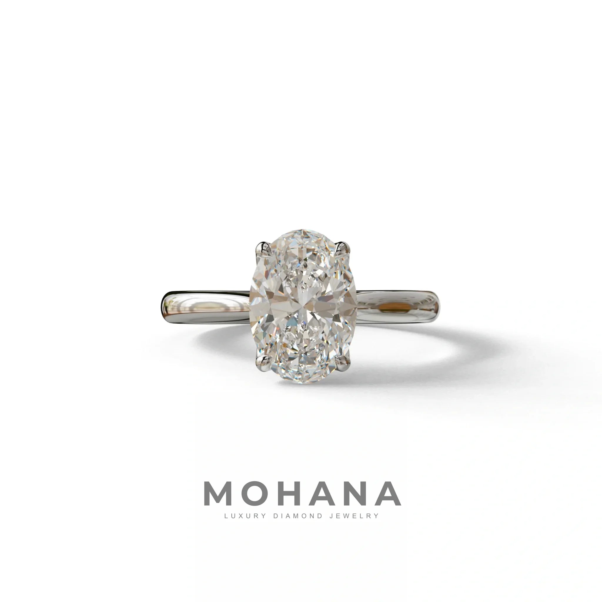 E VVS Oval Cut Hidden Diamond Solitaire Lab Grown Diamond Ring - Secrecy - 2 Carat / 10K Solid Gold / White Gold