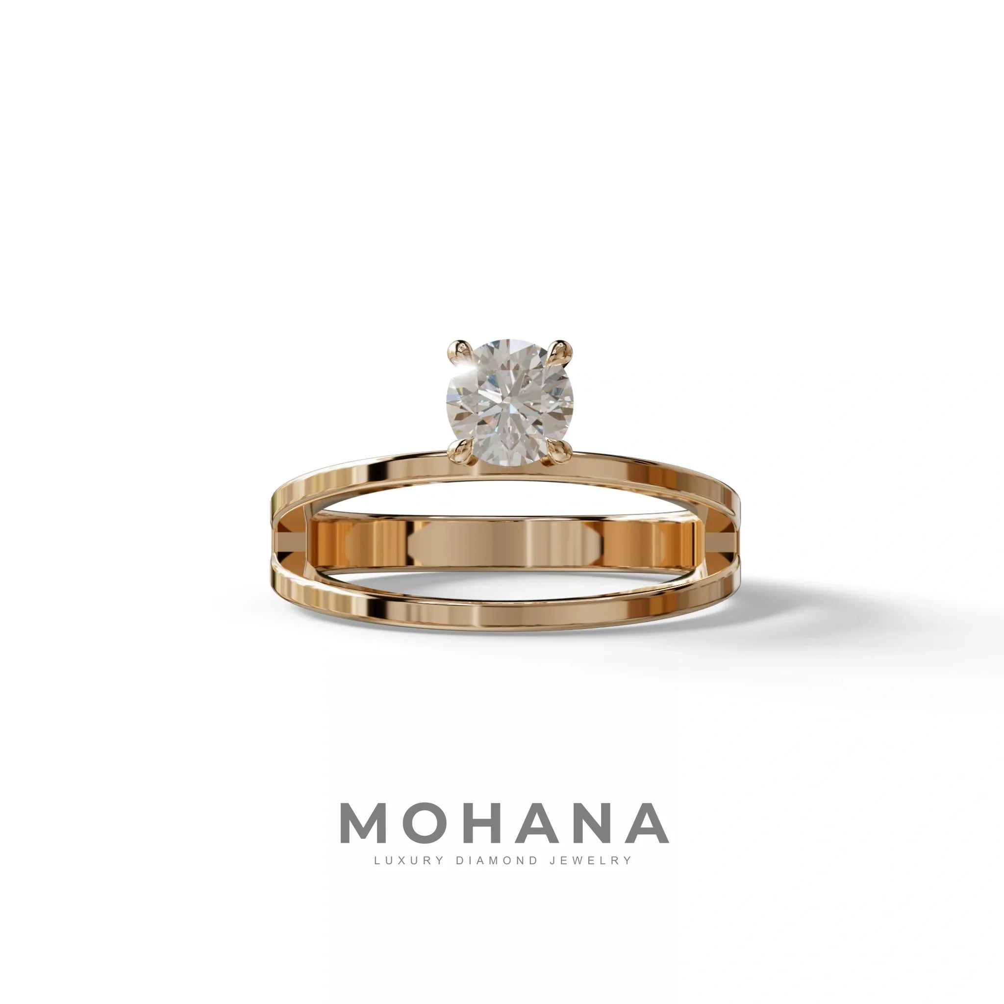 E VVS Round Brilliant Solitaire Engagement Ring with a split‑shank Band - Auric Grace - 1.5 Carat / 10K Solid Gold