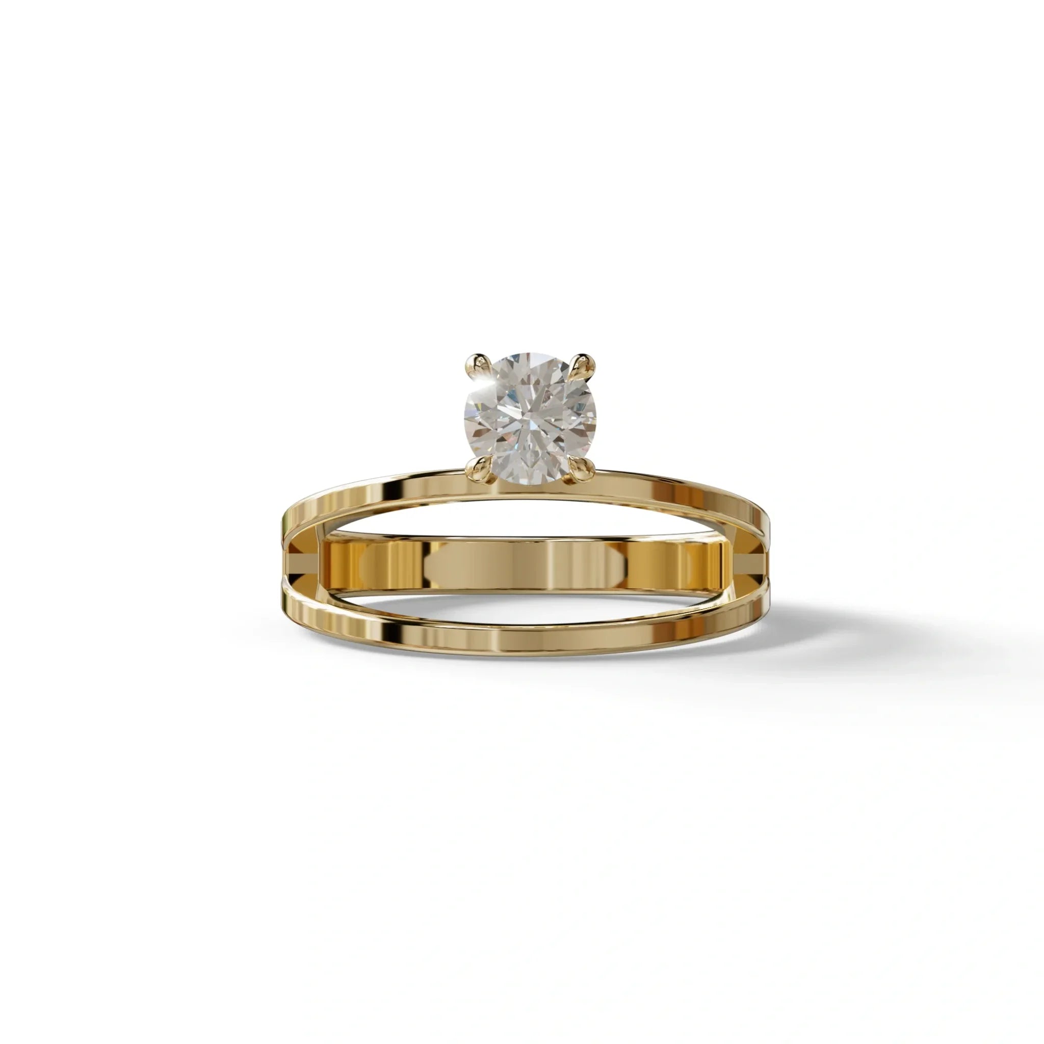 E VVS Round Brilliant Solitaire Engagement Ring with a split‑shank Band - Auric Grace - 1.5 Carat / 10K Solid Gold