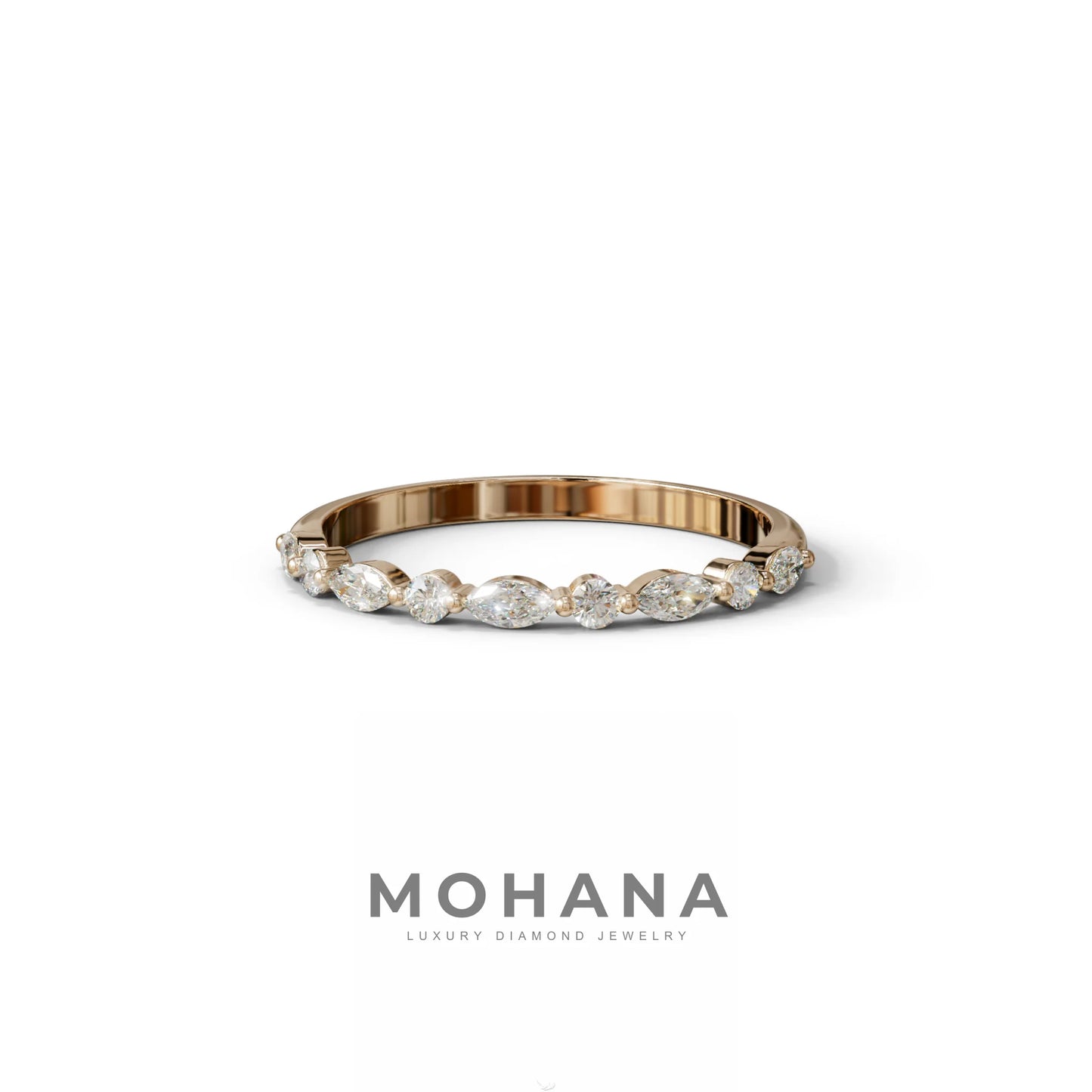 E/VVS Round & Marquise Lab Grown Diamond Wedding Band - 10 Stone Ring - 10K Solid Gold / Rose Gold