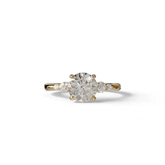E-VVS Round Three Stone Lab Grown Diamond Engagement Ring - Romance - 2 Carat / 10K Solid Gold / Yellow Gold
